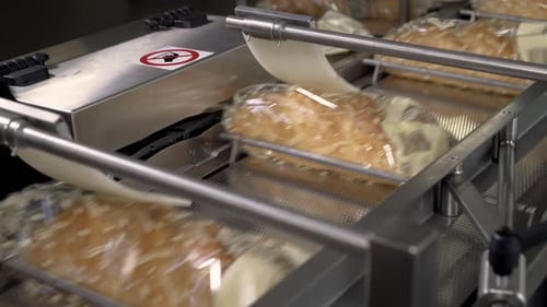 Packaged Bread on Conveyor Belt in Factory