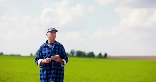 Farmer Using Tablet in Green Field on Sunny Day
