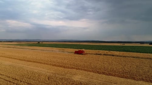 Drone view of combine harvester on the field