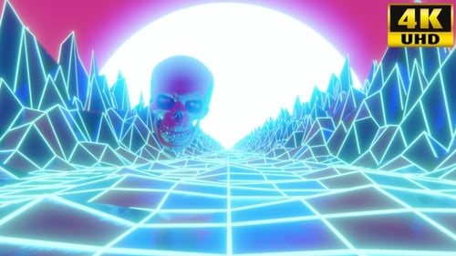 Retro Synthwave Landscape with Floating Skull and Neon Grid