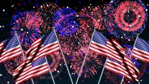 Fourth of July Celebration with Waving US Flags and Fireworks