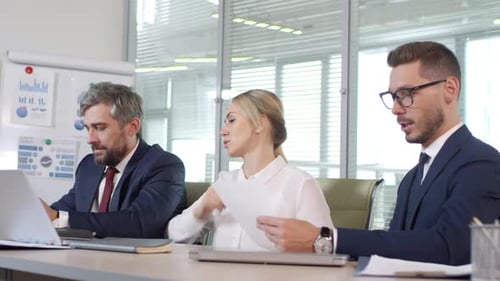 Empresaria discutiendo documentos con empresarios