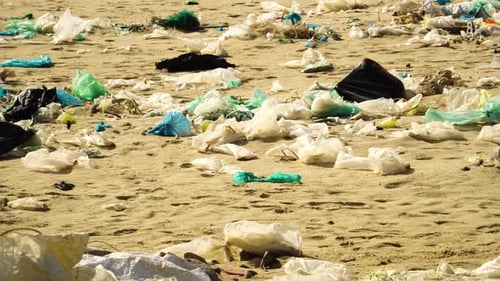 Rubbish Plastic Waste Washed Ashore On Sandy Beach. Environmental Pollution. static