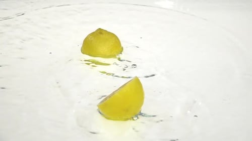 Halved Lemon Slices Splashing into Fresh Water
