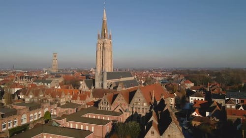 Approaching spire of Church of Our Lady Bruges and Belfry