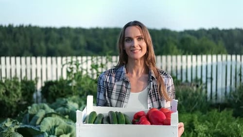 Happy Farmer Woman Carrying Wooden Box with Seasonal Vegetables Harvest