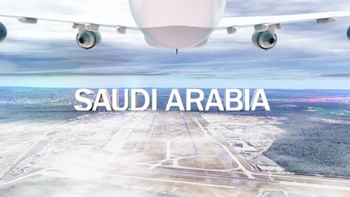 Avião comercial sobre nuvens chegando ao país Arábia Saudita