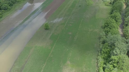 Flying over spring crops under water from river flooding 4K aerial footage
