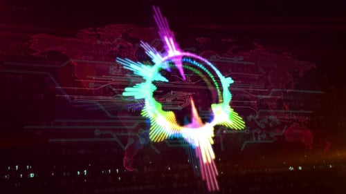 Futuristic Neon Audio Visualizer on Digital World Map Background