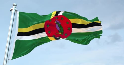 Realistic Waving Flag of Dominica with Sky Background