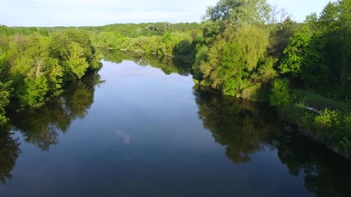 Aerial Drone View Flight Over Mirror Smooth Surface of River and Trees