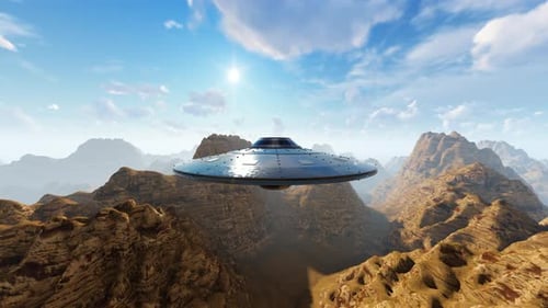 Futuristic UFO Flying Over Rocky Desert Landscape