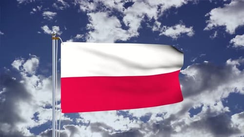Realistic Animated Polish Flag Waving Against Blue Sky