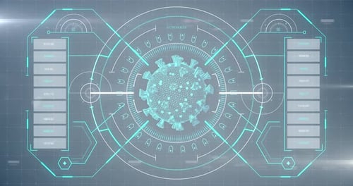 Animation der auf einem Bildschirm analysierten Makro-Coronavirus-Covid-19-Zelle mit medizinischen Informationen
