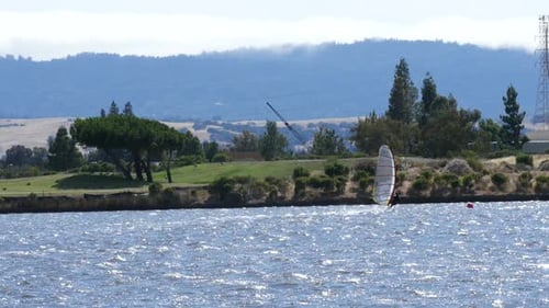 Windsurfer Sailing Across a Shimmering Lake on a Sunny Day