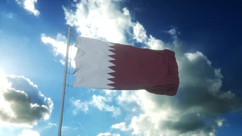 Qatar Flag Waving in Blue Sky with Clouds
