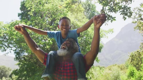 Smiling Child Riding Shoulders in Sunny Green Park