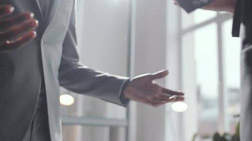 Close-Up of Two Diverse Business Partners Shaking Hands and Speaking