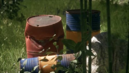 Rusty Barrels in Green Forest