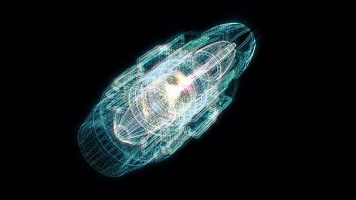 Holographic Wireframe Blueprint Of A Futuristic Rocket Engine