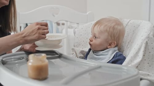 Cute Baby Being Fed Food in High Chair