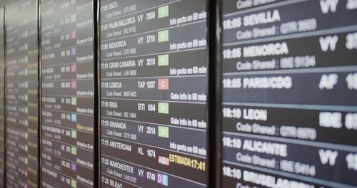Board of an Airport Departure Board with Flight, Destination, Time and Decoding Text.
