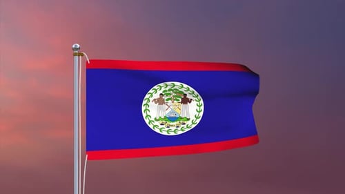 Belize National Flag Waving Animation on Flagpole at Sunset