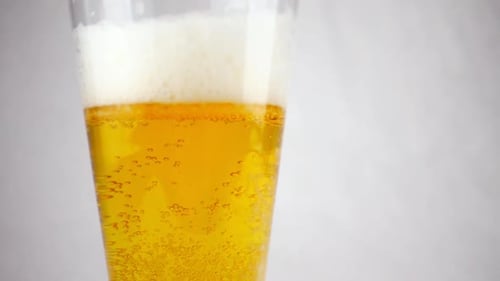 Beer Glass Close-up. In a Glass of Beer Foam and Bubbles in Slow Motion