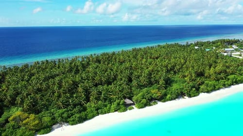 Beautiful above island view of a sandy white paradise beach and blue water background