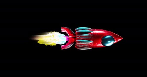 Red Rocket Flying Animation with Colorful Exhaust Trail