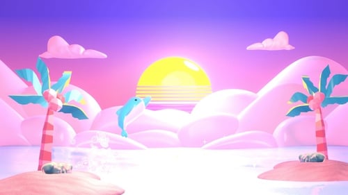 Dreamy Synthwave Beach Landscape with Cartoon Dolphin