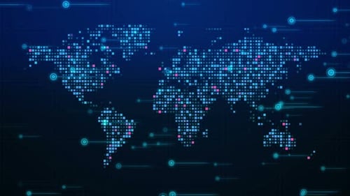 Digital World Map with Animated Data Connections and Glowing Nodes