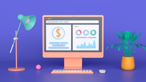3D Corporate Computer Desktop with Data Analytics Dashboard