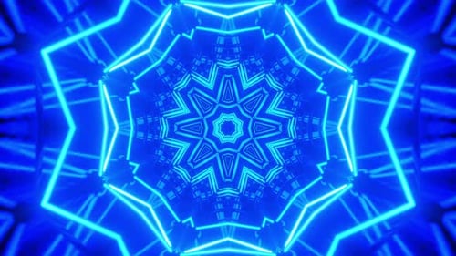 Flying in a tunnel with flashing blue fluorescent lights. Kaleidoscope Infinitely looped animation.