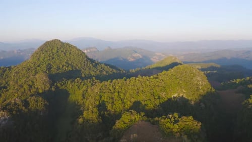 Aerial top view of forest trees and green mountain hills. Nature landscape background, Thailand.