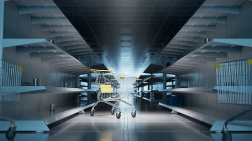 The camera moving towards trolley between empty store shelves. Nothing to buy.