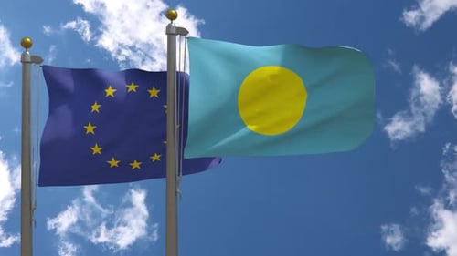 European Union and Palau Flags Waving on Flagpoles with Blue Sky