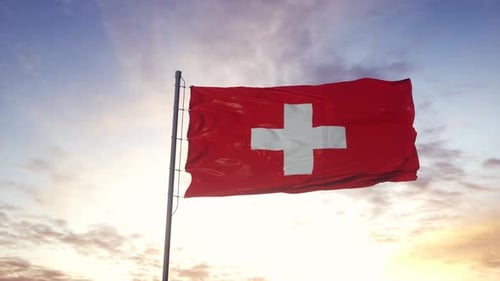 Realistic Waving Switzerland Flag Against a Dramatic Sunset Sky