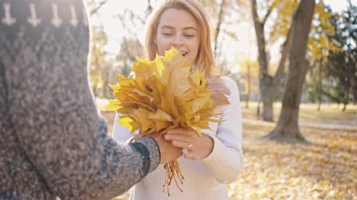 Man Gives Woman Autumn Leaf Bouquet in Park