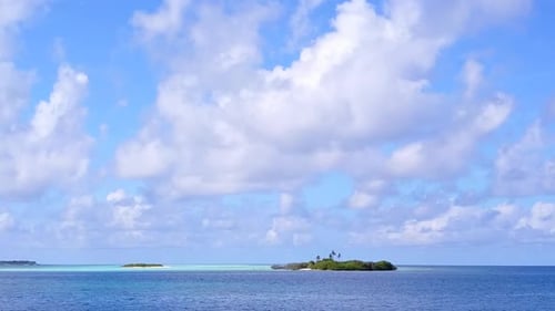 Aerial drone landscape of island beach by blue lagoon with sand background