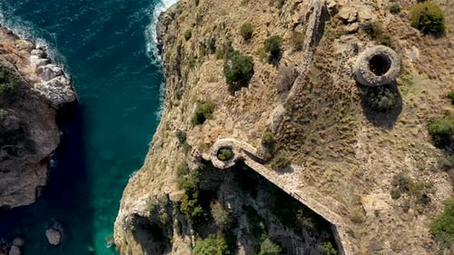 Old Fortress on the Mountain Turkey Gazipaa Aerial View 4 K