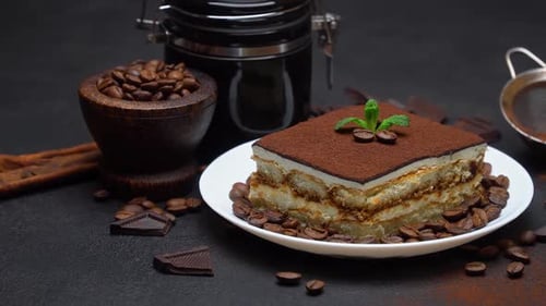 Decadent Tiramisu Slice with Coffee Beans and Chocolate