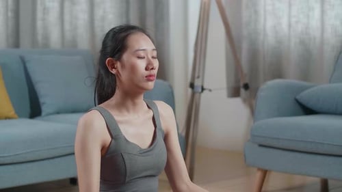 Asian Athletic Female Meditating During Workout On Yoga. Healthy Lifestyle, Fitness
