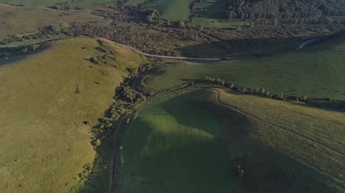 Green meadow hiils and forest. Aerial nature shot.