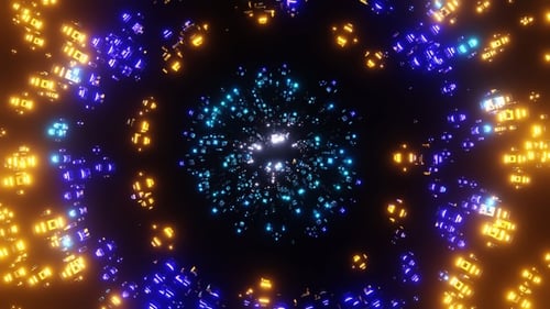 Glowing Geometric Cubes in Abstract Futuristic Tunnel Loop