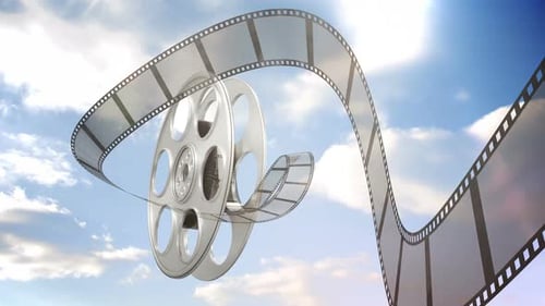 Abstract Film Reel Spinning Against a Blue Sky