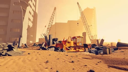 Urban Industrial Construction Site with Bulldozer and Cranes Animation