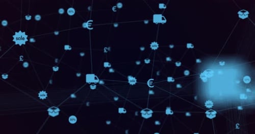 Animation de l'interface numérique et des connexions réseau avec des Icones bleues pour les finances et les achats en ligne