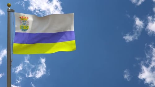 Realistic Waving Flag on Pole with Blue Sky Background