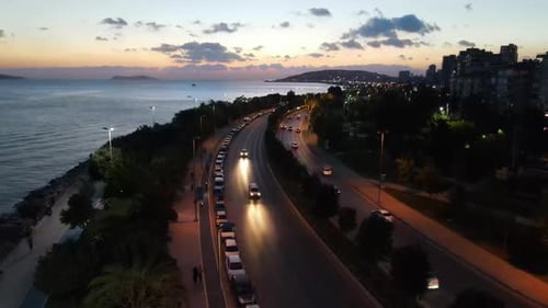 Coastal City Road at Twilight Aerial View